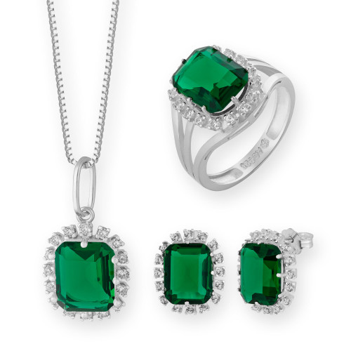 Conjunto de Prata Coleção Queens Cristal Esmeralda 8x10 e Zircônias Brancas