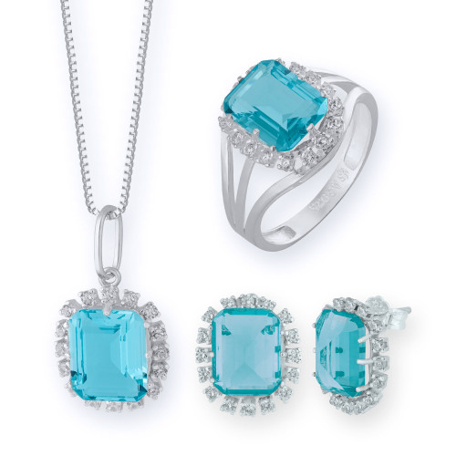 Conjunto de Prata Coleção Queens Cristal Topázio Sky 8x10 e Zircõnias Brancas