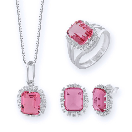 Conjunto de Prata Coleção Queens Cristal Safira Rosa 8x10 e Zircônias Brancas
