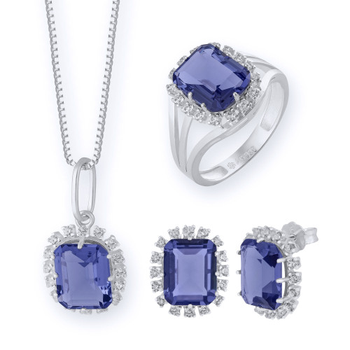 Conjunto de Prata Coleção Queens Cristal Tanzanita 8x10 e Zircônias Brancas