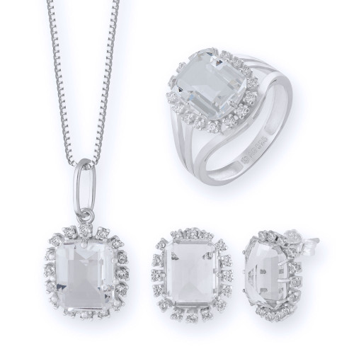Conjunto de Prata Coleção Queens Cristal 8x10 e Zircônias Brancas