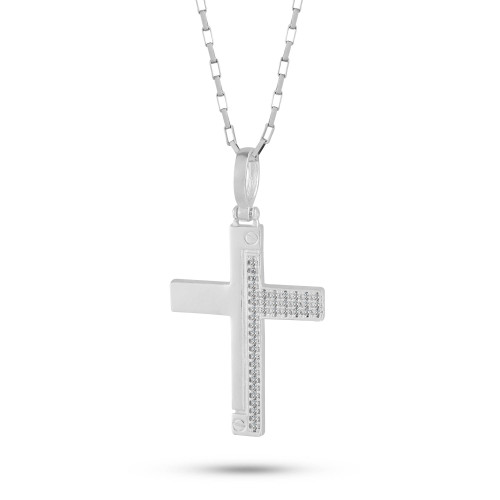 Pingente de Prata Cruz Half Zircônias Brancas 30x20