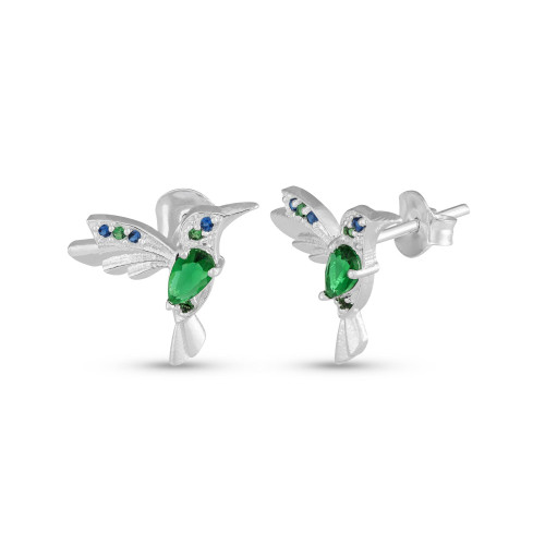 Brinco de Prata Beija Flor Coleção Florescer Zircônia Esmeralda 14x10mm