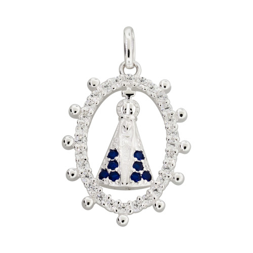 Pingente de Prata Nossa Senhora Aparecida Zircônias Azuis e Brancas 20x15mm