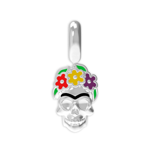 Berloque de Prata La Catrina Caveira Frida com Resina