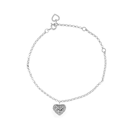 Pulseira de Prata Coração Filigrana 10x10 19cm com extensor 15 e 17