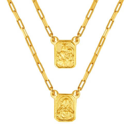 Escapulário de Prata Mini Nossa Sra do Carmo e Sagrado C de Jesus Revestido com Ouro 18k 60cm