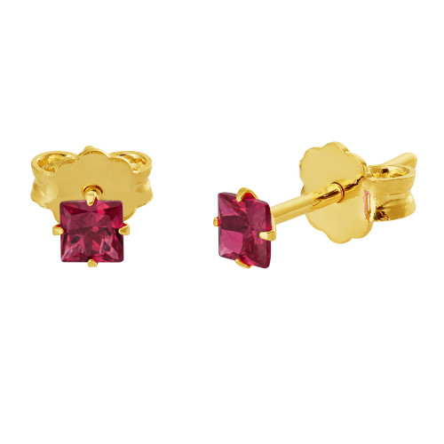 Brinco de Prata Solitário Zircônia Vermelha Carré Revestido com Ouro 18k 3mm