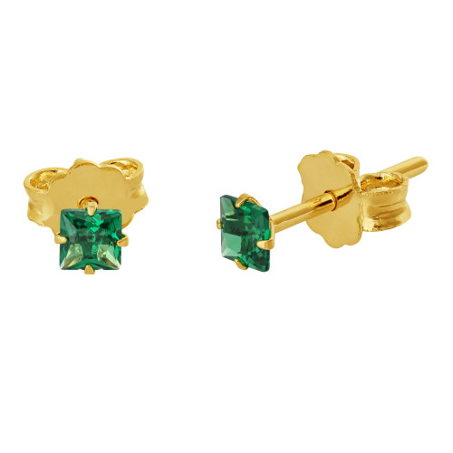 Brinco de Prata Solitário Zircônia Verde Carré Revestido com Ouro 18k 3mm