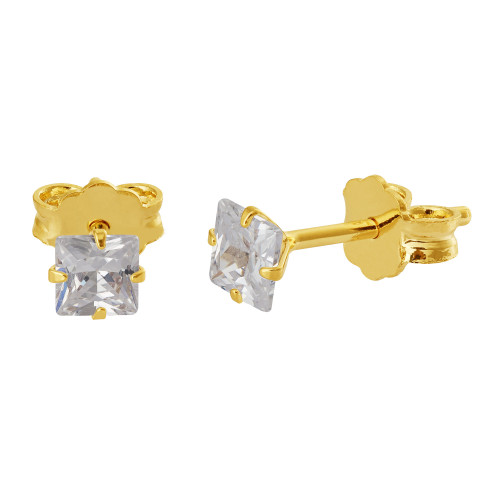 Brinco de Prata Solitário Zircônia Branca Carré Revestido com Ouro 18k 4mm