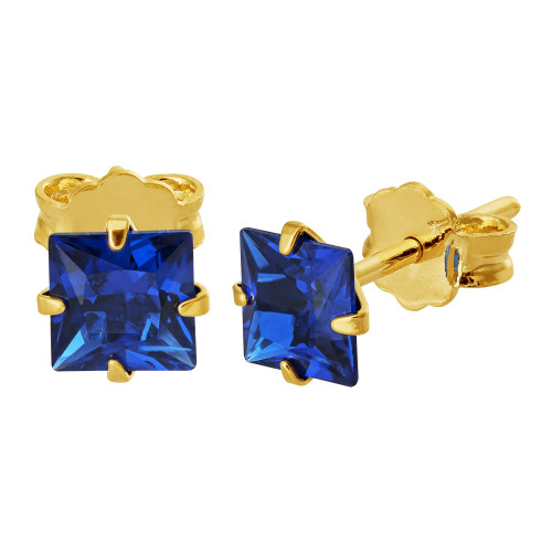 Brinco de Prata Solitário Zircônia Azul Carré Revestido com Ouro 18k 5mm