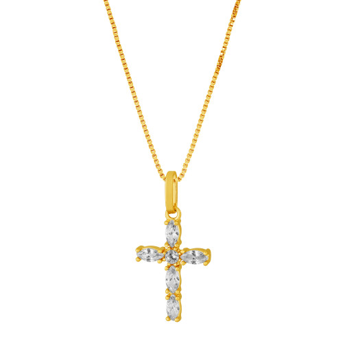 Colar de Prata Divino Cruz com Zircônias Revestido com Ouro 18k 16.5x10.5 45cm