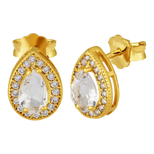 Brinco Gota Prata Revestida em ouro 18k com Zircônia Branca 10x7mm