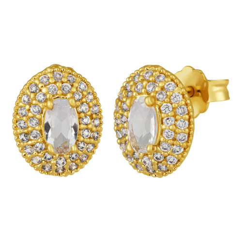Brinco de Prata Oval Revestida em ouro 18k com Zircônias Brancas 10x7mm