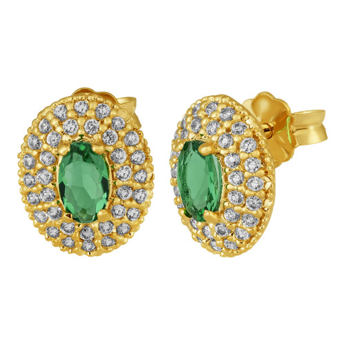 Brinco Oval Prata Revestida 18k com Zircônia Verde 10x7mm-1