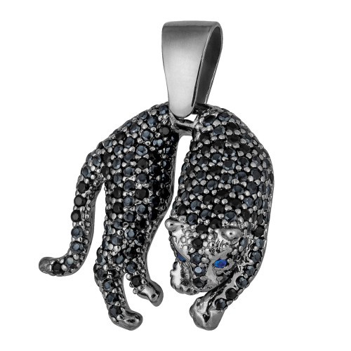 Pingente de Prata Pantera Negra com ródio Cravejada de Zircônias Negras olho azul