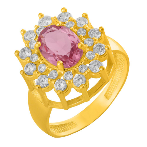 Anel de Prata Queens Cristal Safira Rosa Revestido com Ouro 18k 6x8