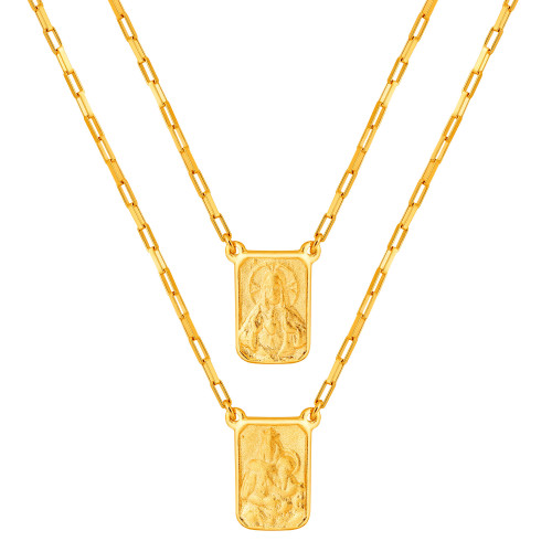 Escapulário de Prata Nossa Sra do Carmo e Sagrado Coração de Jesus Revestido com Ouro 18k 60cm