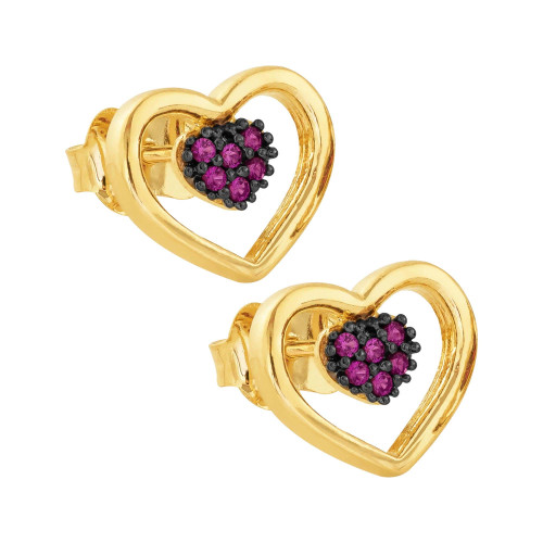 Brinco Prata c/ Ouro 18K Coração com Zircônia 10x12mm