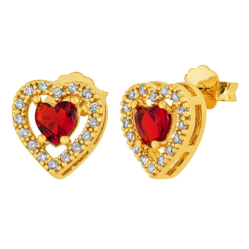 Brinco de Prata Coração com Zircônia Vermelha e Zircônias Brancas Revestido com Ouro 18K 9x9mm