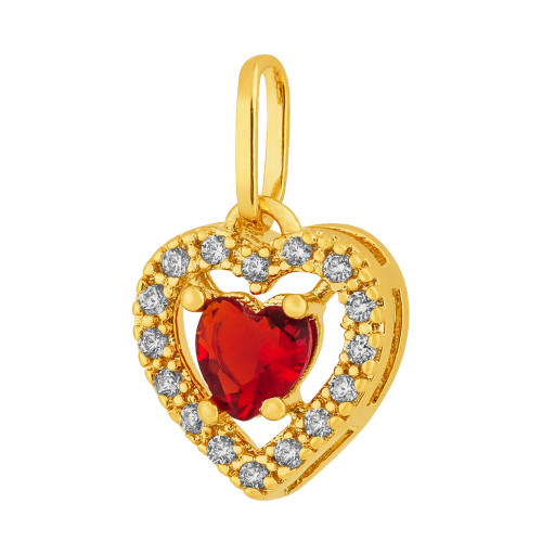 Pingente de Prata Coração com Zircônia Vermelha e Zircônias brancas Revestido com ouro 18K 9x9mm