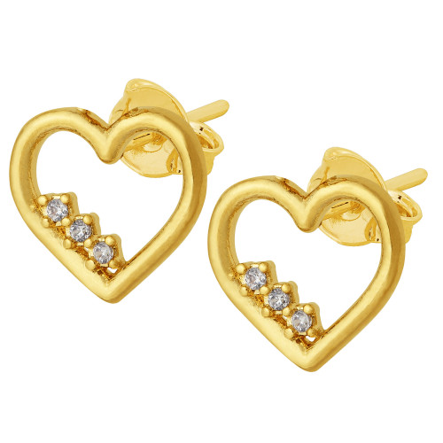 Brinco de Prata Loving Heart com 3 Zircônias Brancas Revestido com ouro 18k 9x9mm