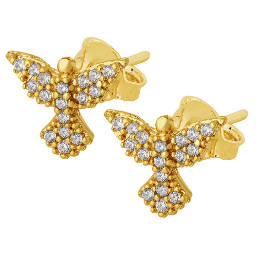 Brinco de Prata Divino Espírito Santo com Zircônias Brancas Revestido com Ouro 18k 12x10mm