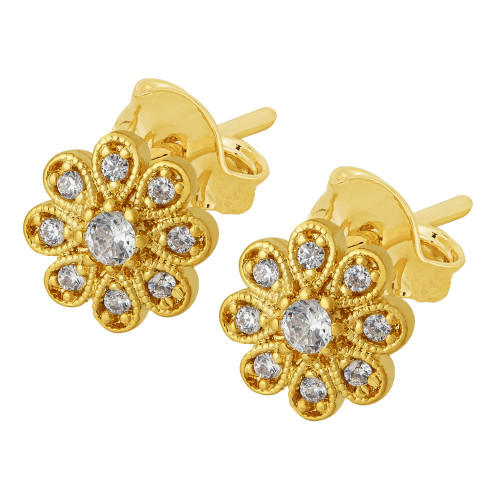 Brinco de Prata Flor Bella Revestido com Ouro 18k com Zircônias Brancas