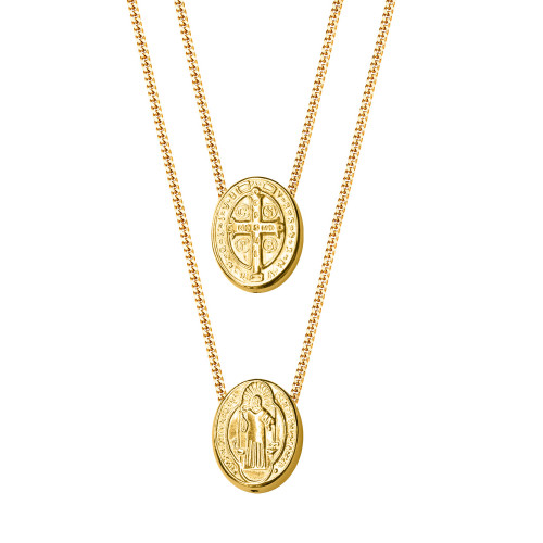 Escapulário de Prata São Bento Oval  Revestido com Ouro 18k 11x0.80 70cm