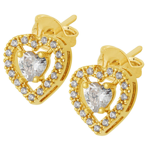 Brinco de Prata Coração com Zircônias Brancas Revestido com Ouro 18k 9x9mm
