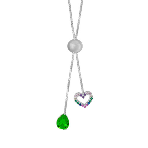 Colar de Prata Gravatinha Italiana gota verde com zircônias coloridas 8x8 70cm ajustável