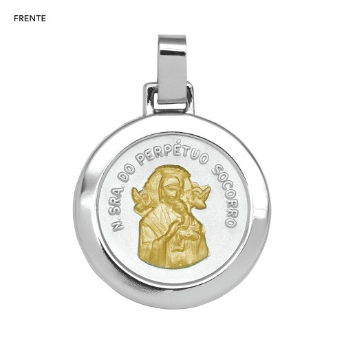 Pingente Aço NSra. do Perpétuo Socorro Redondo 30mm com Ouro