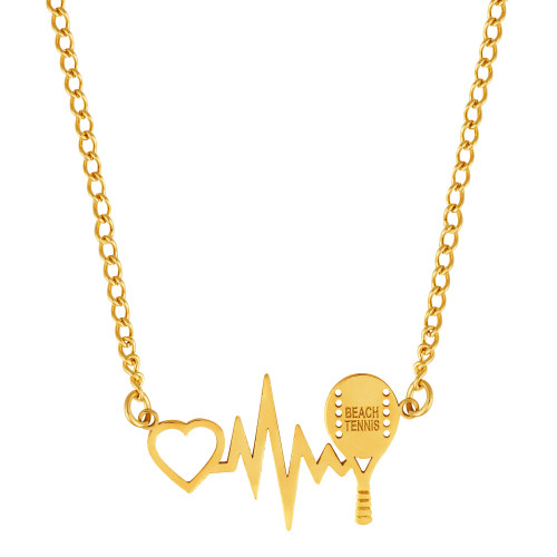 Colar de Aço Groumet Coracao Batimento Raquete Beach Tennis 23x19mm Gold IPG 45cm