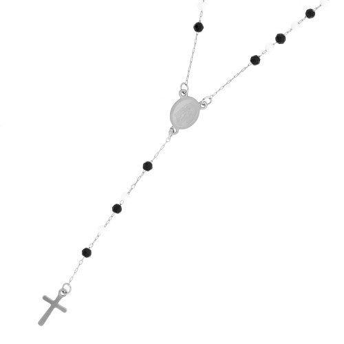 Colar de Aço Terço pedras brancas e pretas