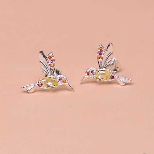 Brinco de Prata Beija Flor Coleção Florescer Zircônia Yellow 14x10mm