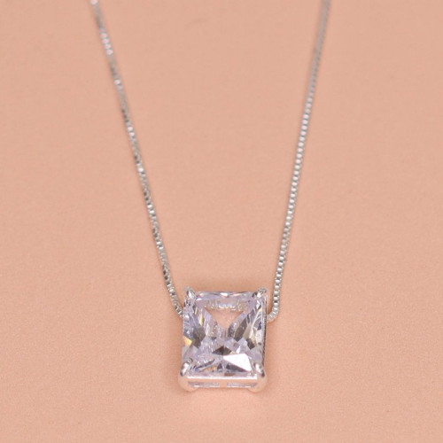 Colar de Prata Coleção Fancy retangular Cristal 8x10 45cm