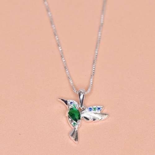 Colar de Prata Beija Flor Coleção Florescer Zircônia Esmeralda 45cm